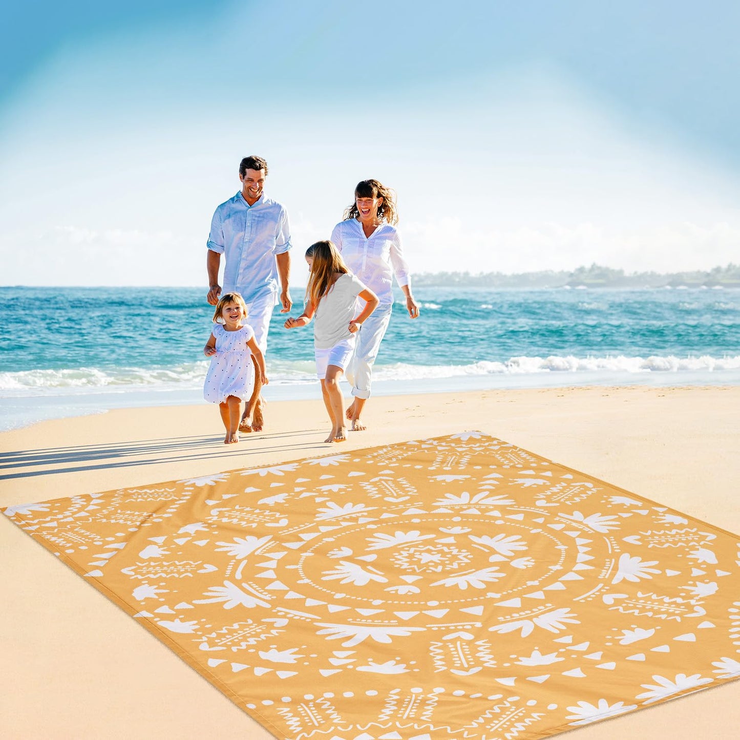SkyNature 110''×118'' Extra Large Sandproof Beach Blanket 4-8 Adults, Waterproof Foldable Picnic Blankets with 4 Stakes & 4 Pockets, Lightweight Boho Outdoor Beach Mat for Travel, Camping, Hiking