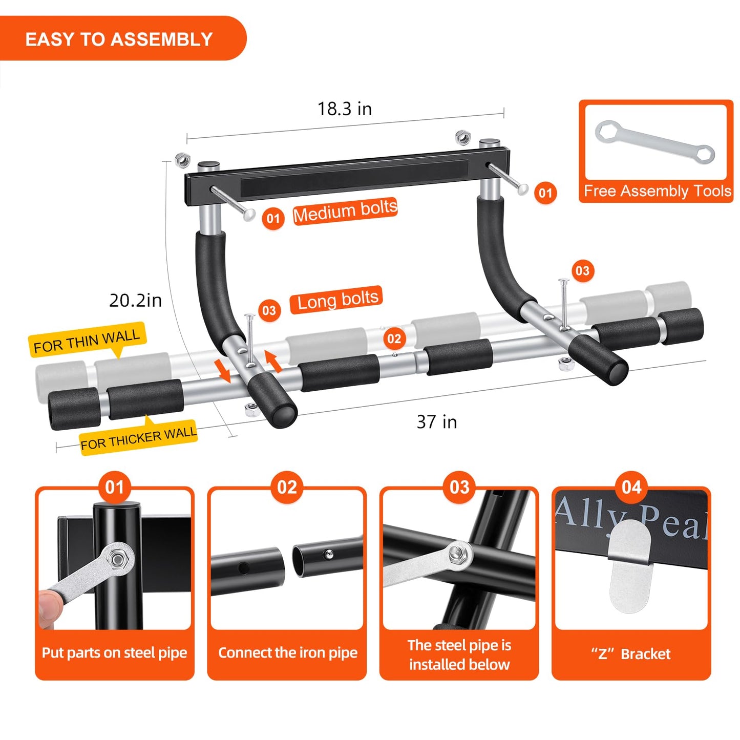 Ally Peaks Pull Up Bar for Doorway | Thickened Steel Max Limit 440 lbs Upper Body Fitness Workout Bar| Multi-Grip Strength for Doorway | Indoor Chin-Up Bar Fitness Trainer for Home Gym Portable |180