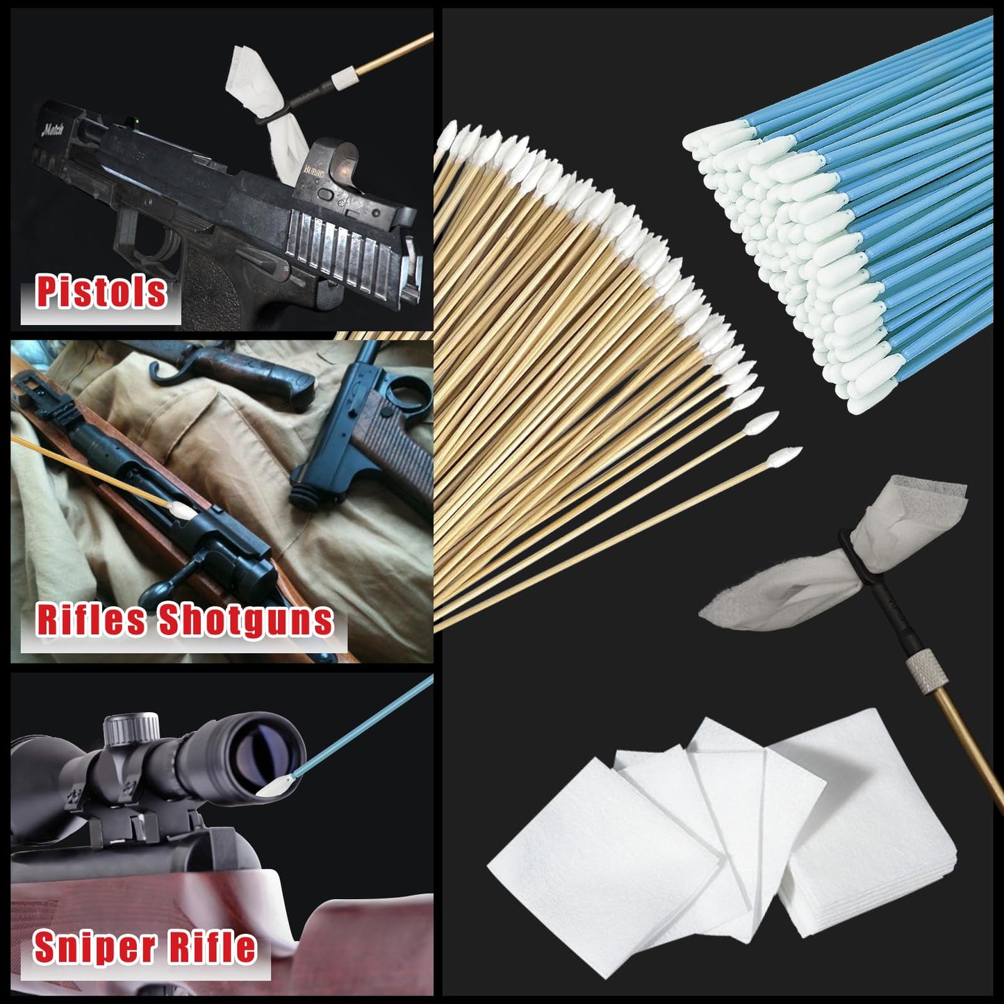 Garrelett Gun Cleaning Supplies - Include 900 Pcs 2x2 Patches, 100 Ct 6-Inch Gun Cleaning Swabs, Convenient Storage Case for Firearm Maintenance
