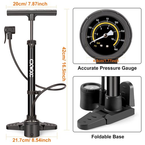 Bike Pump with Pressure Gauge- 160 PSI Bike Tire Pump fits Presta & Schrader Valve - Portable Air Pump for Bike Tires (Black)