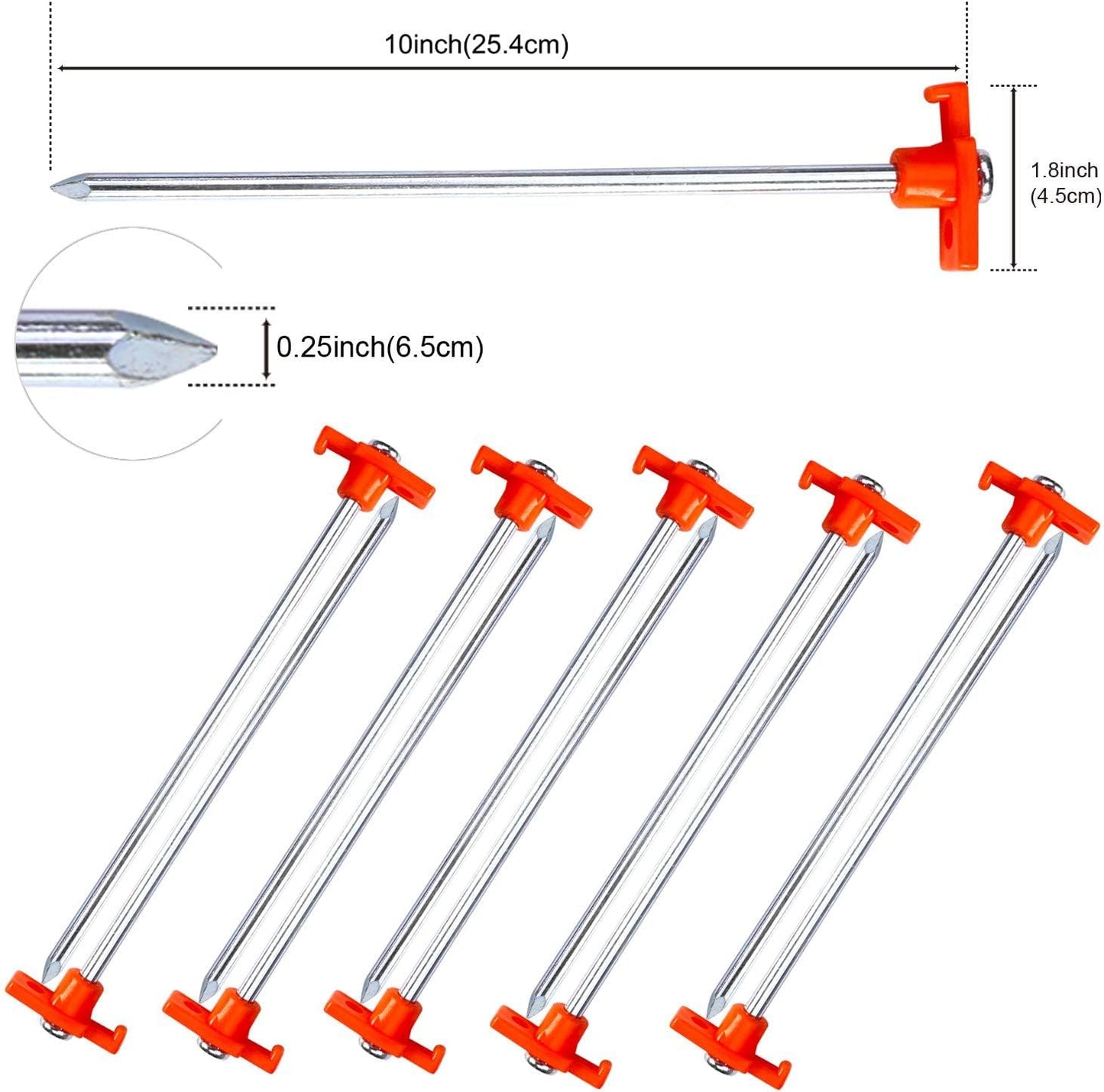 ABCCANOPY 11 Inch Tent Stakes 10 Pcs Non-Rust Metal Ground Anchors, Heavy Duty Spikes with 4 Ropes for Outdoor Camping, Orange