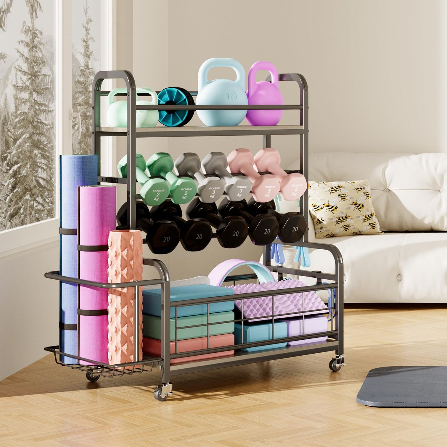 Homeiju Dumbbell Rack,Weight Rack for Home Gym, Home Gym Storage for Dumbbells Kettlebells Yoga Mat and Strength Training Equipment,Weight Storage Rack for Dumbbells with Wheels&Hooks(Grey)