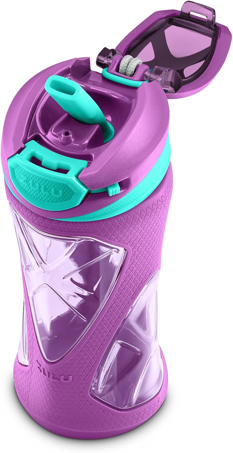ZULU Torque 16oz Plastic Kids Water Bottle with Silicone Sleeve and Leak-Proof Locking Flip Lid
