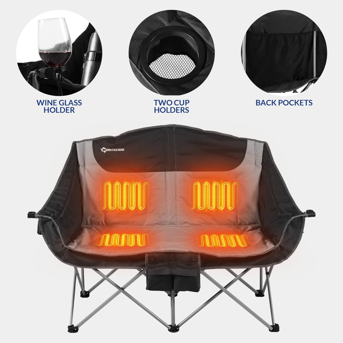 ANTARCTICA GEAR Heated Double Camping Chair, 2-Person Folding Chair with 12V 16000mAh Battery Pack, Heated Portable Loveseat Chair, for Outdoor