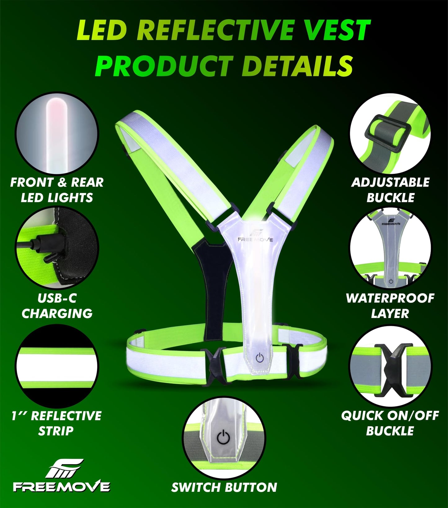 FREEMOVE LED Reflective Running Light-Up Vest, USB Rechargeable, Fully Adjustable, Highly Visible Running Reflective Safety Gear, for Night Running, Cycling, Biking, Walking for Men, Women and Kids