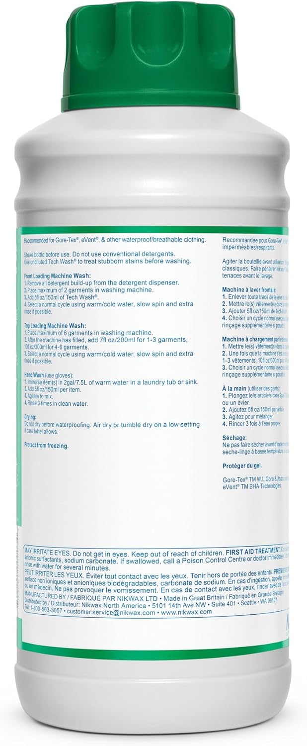 Nikwax Tech Wash 169 fl. oz., Technical Cleaner for Jackets and Outerwear, Restores Waterproofing in Rain, Ski, and Snow Gear, Safe for Gore-Tex and DWR