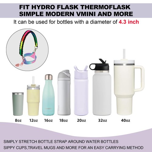 Wongeto Water Bottle Handle,Paracord Water Bottle Strap,Bottle Holder with Strap,Fits Most 8-40oz Bottles Compatible Stanley Cup Accessories(Rainbow + Love Pendant
