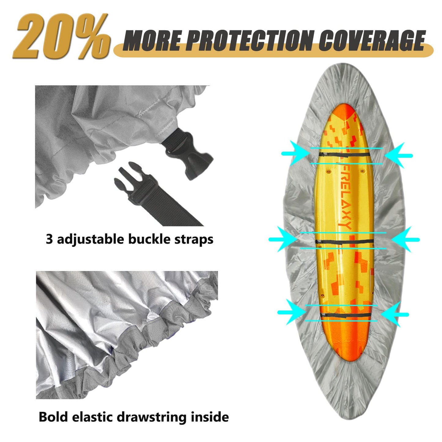 Frelaxy 420D Kayak Cover, Heavy Duty Waterproof UV Resistant Kayak Covers for Outdoor Storage, Ultra Strong Canoe Storage Dust Cover, Great for Indoor & Outdoor 9.8-13.5ft