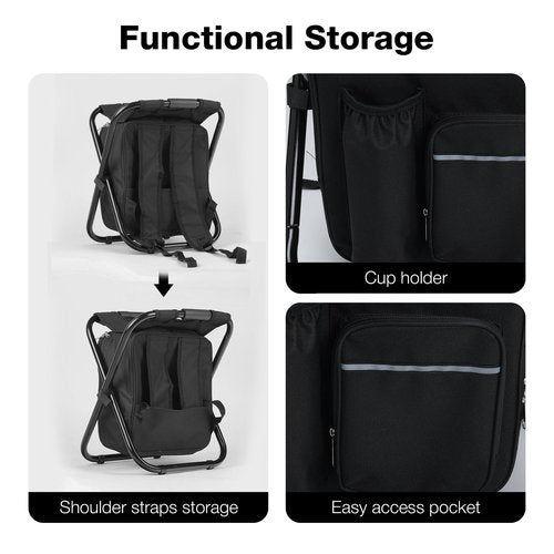 Outplea Lightweight Backpack Stool Cooler Chair Heavy Duty 350lbs for Adults, Folding Camp Stool with 15L Insulated Cooler for Fishing, Black