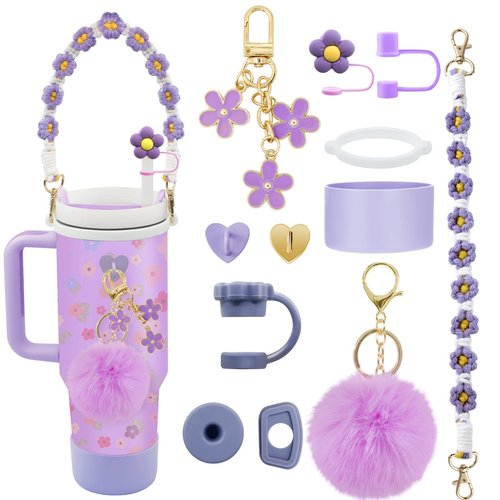 LBU 12Pcs Stanley Cup Accessories for 40/30/20 oz Tumbler Including Spill Stopper, 3PC Siliocne Straw Topper Cover Cap, Stanley Cup Boot, Handle Strap, Keychain Charm, Pom-Pom(Purple)