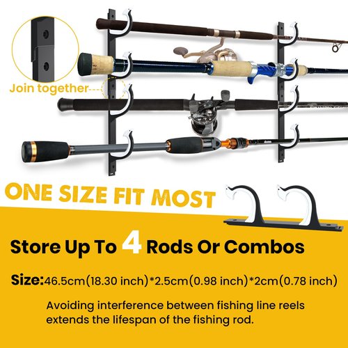 QudraKast Horizontal Fishing Rod Holder for Garage Wall Ceiling Mount - Fishing Pole Holders Fishing Rod Rack Holds Up to 4 Rods or Combos, Ideal Fishing Gift (2pack)