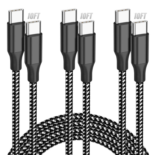 USB C Cable Fast Charging, 3 Pack 10FT USB C to USB C Cable, 60W Type C Nylon Braided Charger Cable for iPhone 16/15/iPad MacBook CarPlay and More-(Black White)