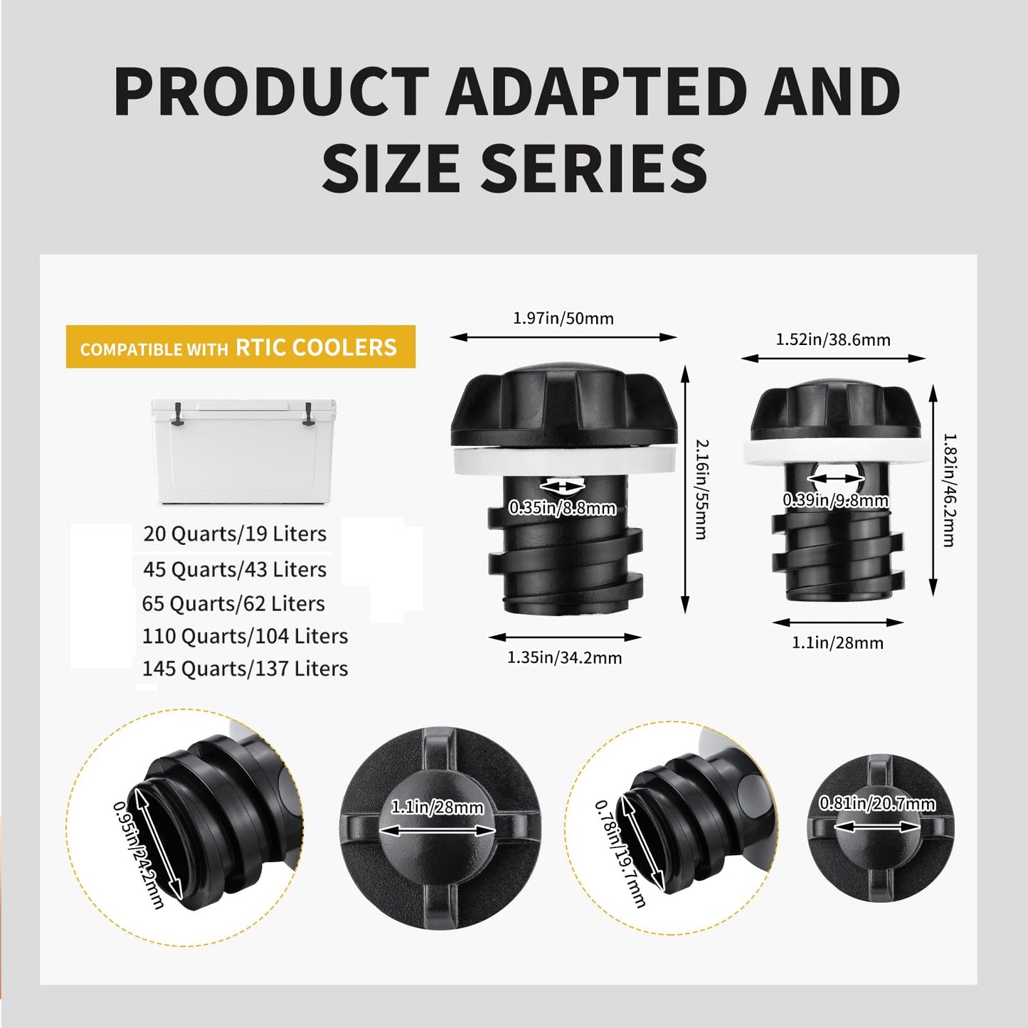 Gnellkoor Cooler Plug for RTIC, 4 Pack Large & Small Leak Proof Drain Replacement Plugs Compatible with RTIC 20QT 45QT 65QT Coolers with Two Drains