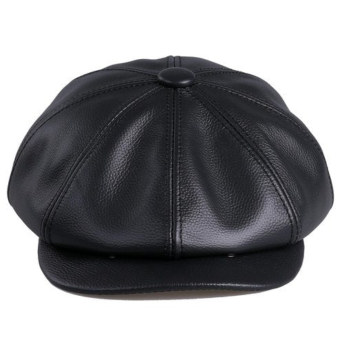 BOONJOVIA Men's Newsboy Flat Cap 100% Genuine Cowhide Leather Gatsby Ivy Golf Cabbie Hat (US, Alpha, Large, Black)