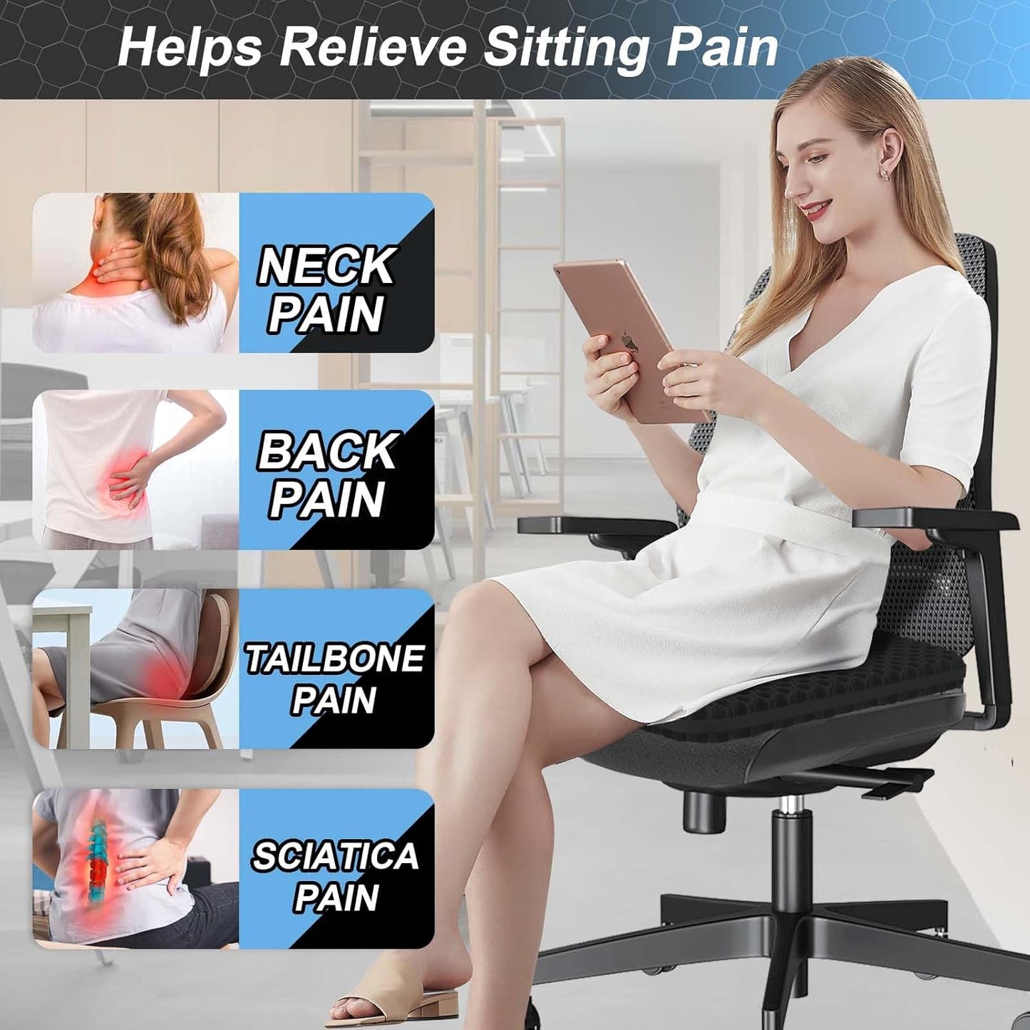 Thicken 19.7in Seat Cushion, Gel Seat Cushion for Long Sitting–Office Chair, Wheelchair, Car Pad, Large Cooling Support Pad for Back Pain, Sciatica, Tailbone Pain Relief