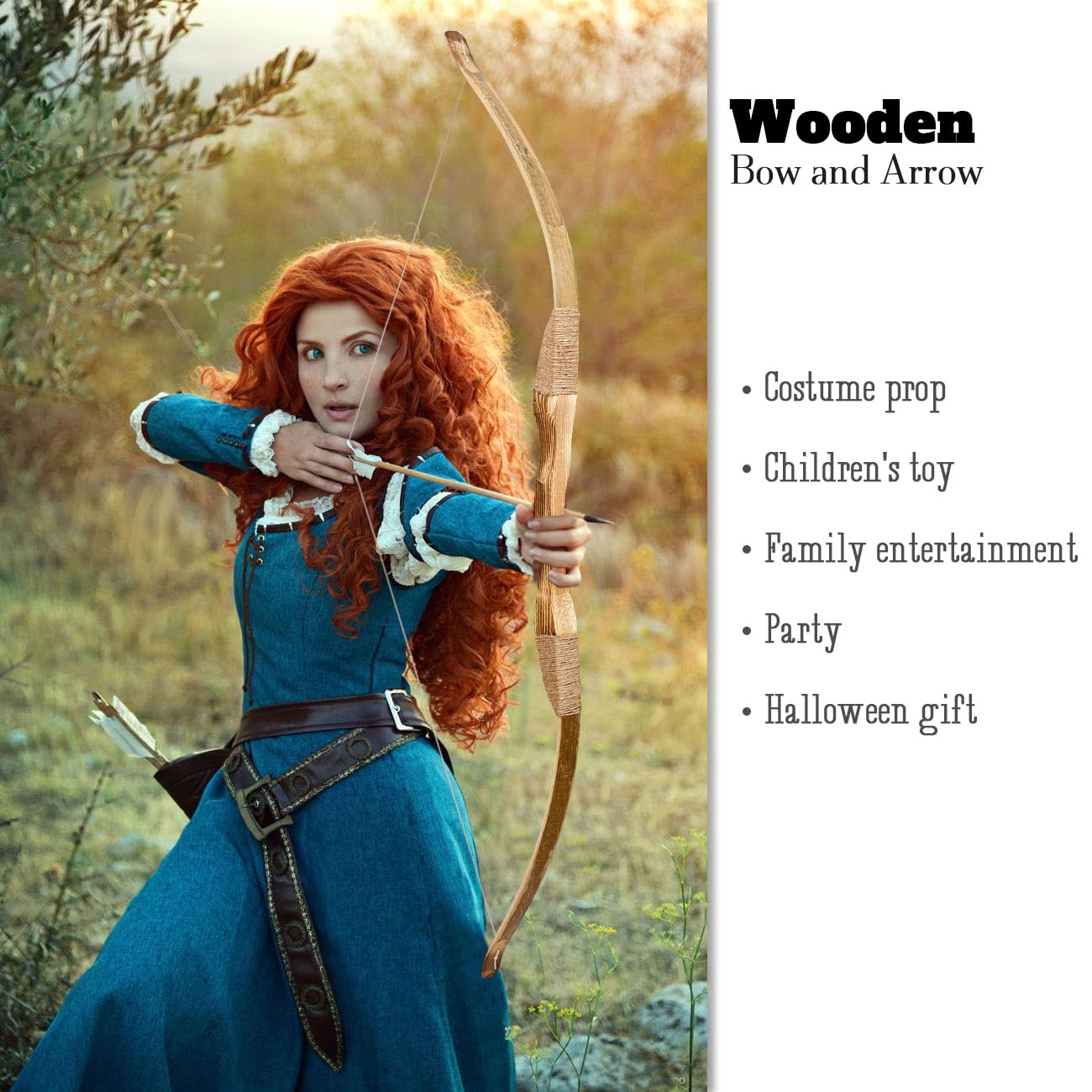 Wooden Bow and Arrow Set, 40 Inch Handmade Wooden Bow and Arrow Cosplay Costume Prop Archery Set Games Toys, 1 Bows 1 Quivers and 5 Feather Arrows, Gifts for Kids Youth Boys and Girls