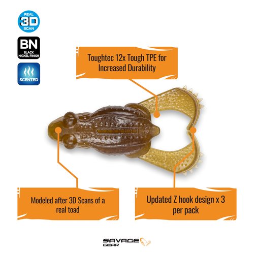Savage Gear Tough Toad Freshwater Fishing Lure, Tan Frog, 3.5in, Topwater Soft Plastic Bass Bait, Solid Construction Prevents Water Intrusion, Enticing Topwater Kicking Action