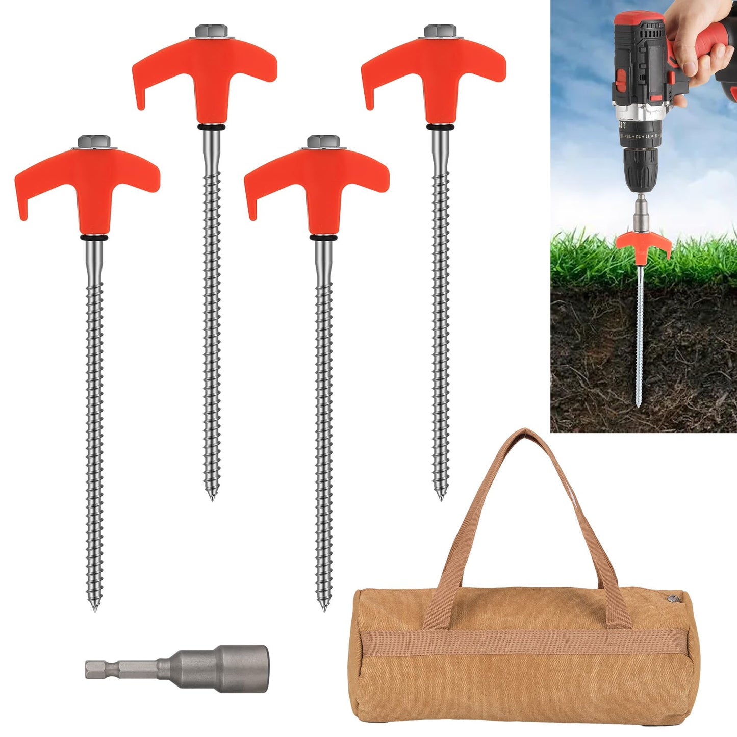 8" Screw in Tent Stakes 8PCS - Ground Anchors Screw in, Screw in Tent Stakes Heavy Duty, Galvanized - Camping Tent Accessories, Metal Threaded Tent Spikes with Hex Head Driver and Storage Bags