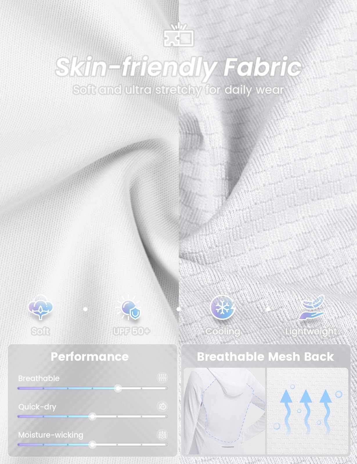baleaf Women's Sun Shirts UPF 50+ UV Shirt Mesh Back Lightweight Long Sleeve Tops Breathable SPF Hoodie for Hiking White M