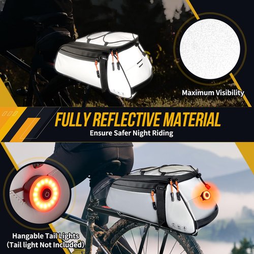 WOTOW Bike Rear Rack Bag - 10L Large Full Reflective Waterproof Trunk Bag, Multifunctional Bicycle Ebike Back Seat Cargo Carrier with Shoulder Strap(Full Reflective)
