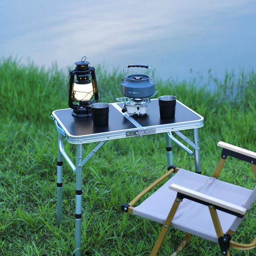 YUFIFAIRY Small Folding Table 2 Foot, Portable Camping Table with Mesh Holders,Lightweight Aluminum Adjustable Height, with Carry Handle for Camping Picnic Indoor Outdoor, White 24 x 16 inch (Black