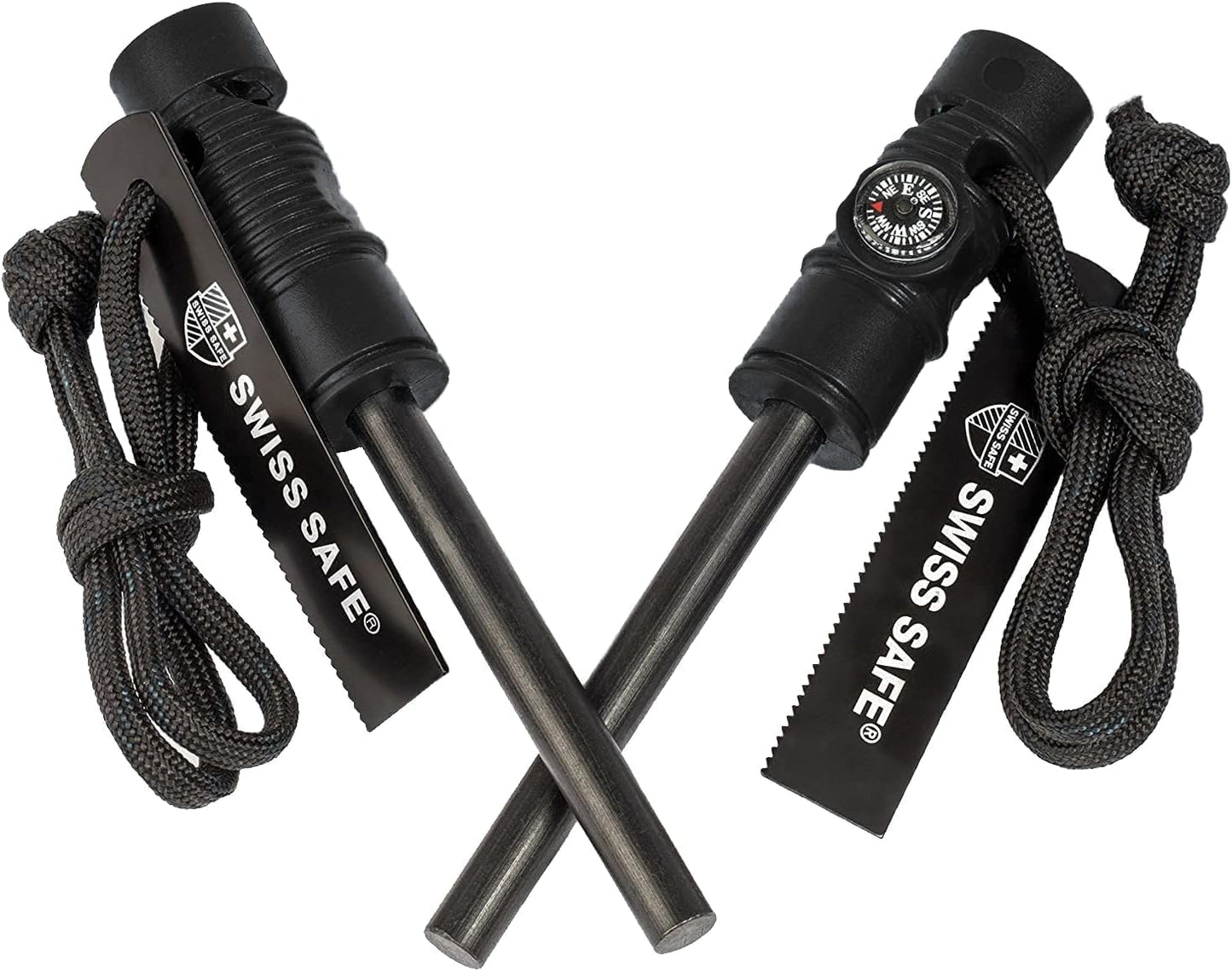 Swiss Safe 5-in-1 Magnesium Ferro Rod Fire Starter Survival Tool - Flint & Steel Striker, Compass, Paracord & Whistle - Emergency Kit for Backpacking, Camping, Hiking - All-Weather