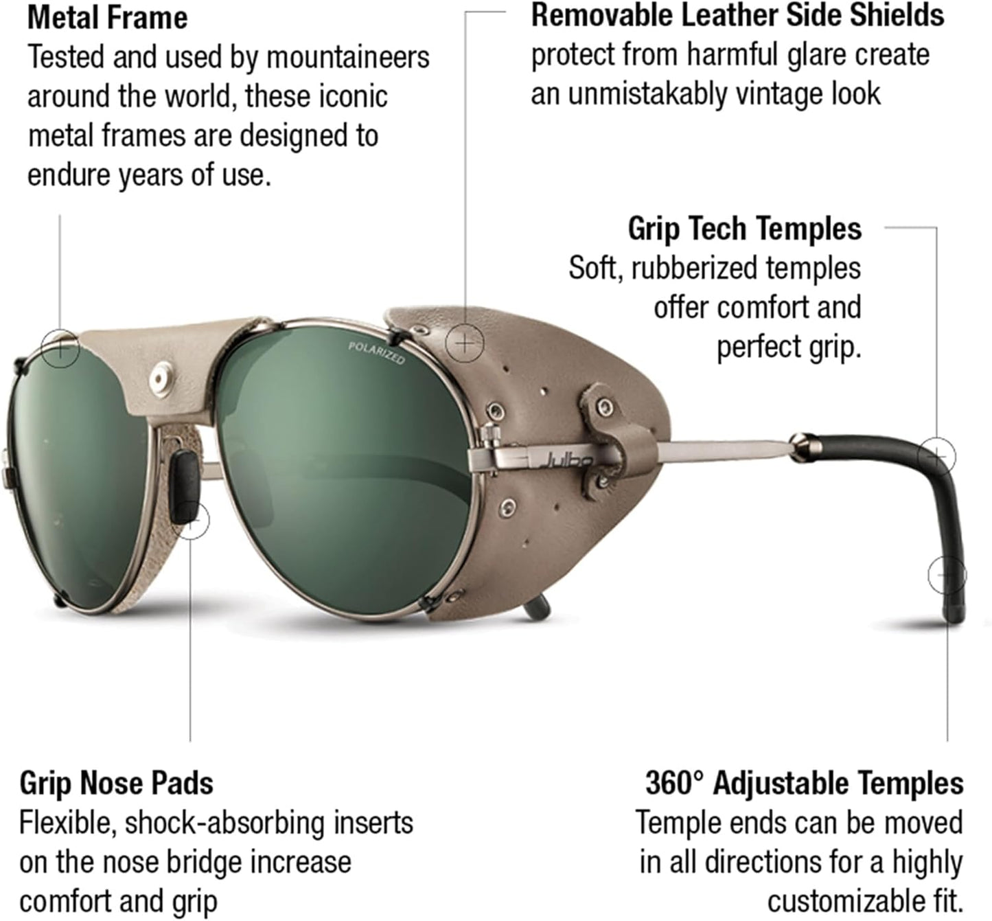 Julbo Cham Glacier Sunglasses for Men & Women w/Removable Leather Side Shields for Hiking, Skiing, Snow - 100% UV Protection