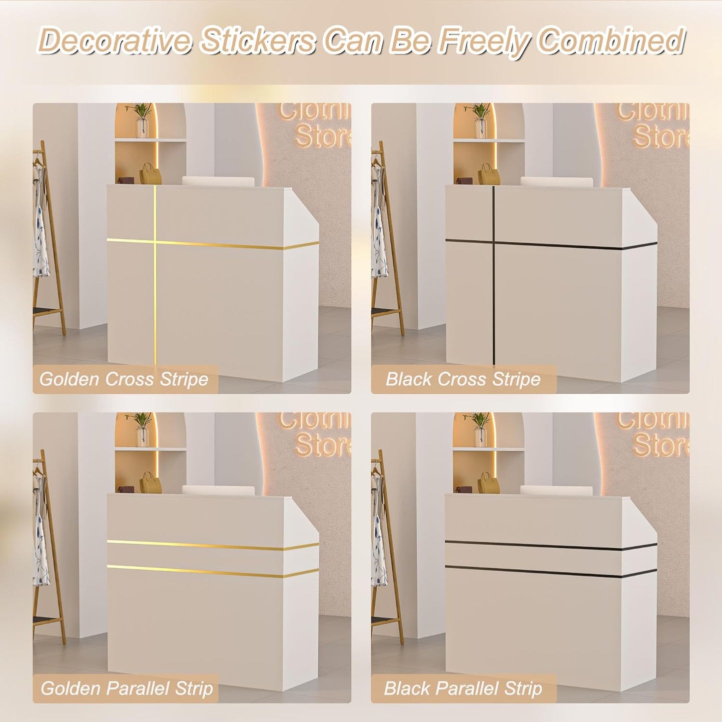 AHB Reception Desk with Counter, Modern Front Table Equipped Lockers & Storage Shelves, 50-inch Checkout Counter with LED Lights & DIY Stripe for Lobbies, Salons, Retail, Home Offices, Reception Room