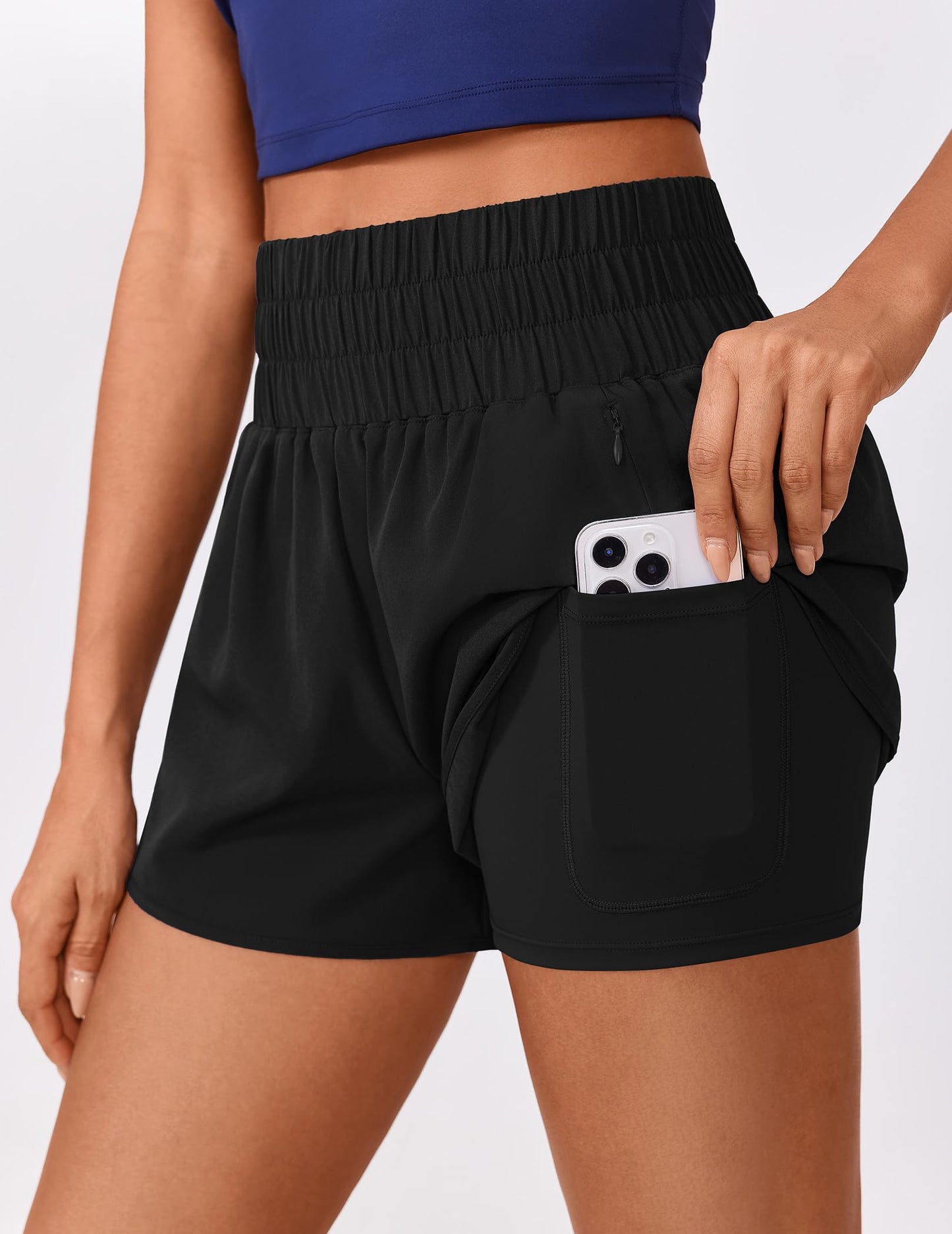 PINSPARK Women's Running Sports Shorts High Waisted Work Out Athletic Short Summer Soft Liner Gym Shorts with 2 Zipper Pockets Black L