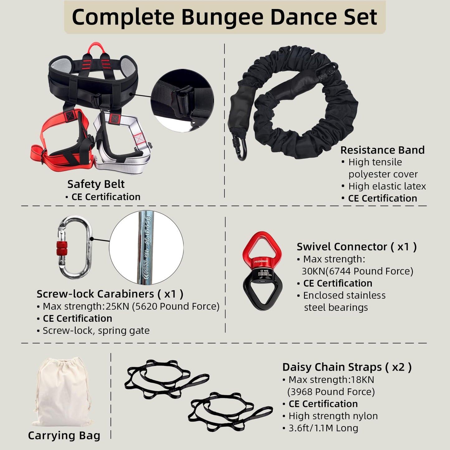PRIORMAN Bungee Fitness Set, Heavy Resistance Band Set, Professional 4D Yoga Bungee Rope Workout Equipment W/6 Sizes, for Home Gym Training & Fitness(Not for Extreme Sports)(M 132-154 lbs)
