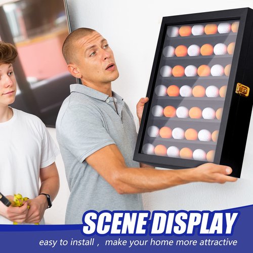 Sintuff 49 Golf Ball Display Case Solid Wood Golf Ball Holder Rack Gift Black Display Rack Cabinet Wall Mount Shadow Box for Enthusiast Collectibles with Lockable Acrylic Door