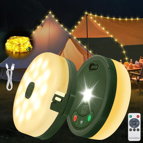 HELESIN Camping Light USB Rechargeable Waterproof Portable Stowable String Light, 4 in 1 Camping String Lights Outdoor with 8 Modes Tent Lights for Camping, Hiking, Yard, RV (Warm Light)
