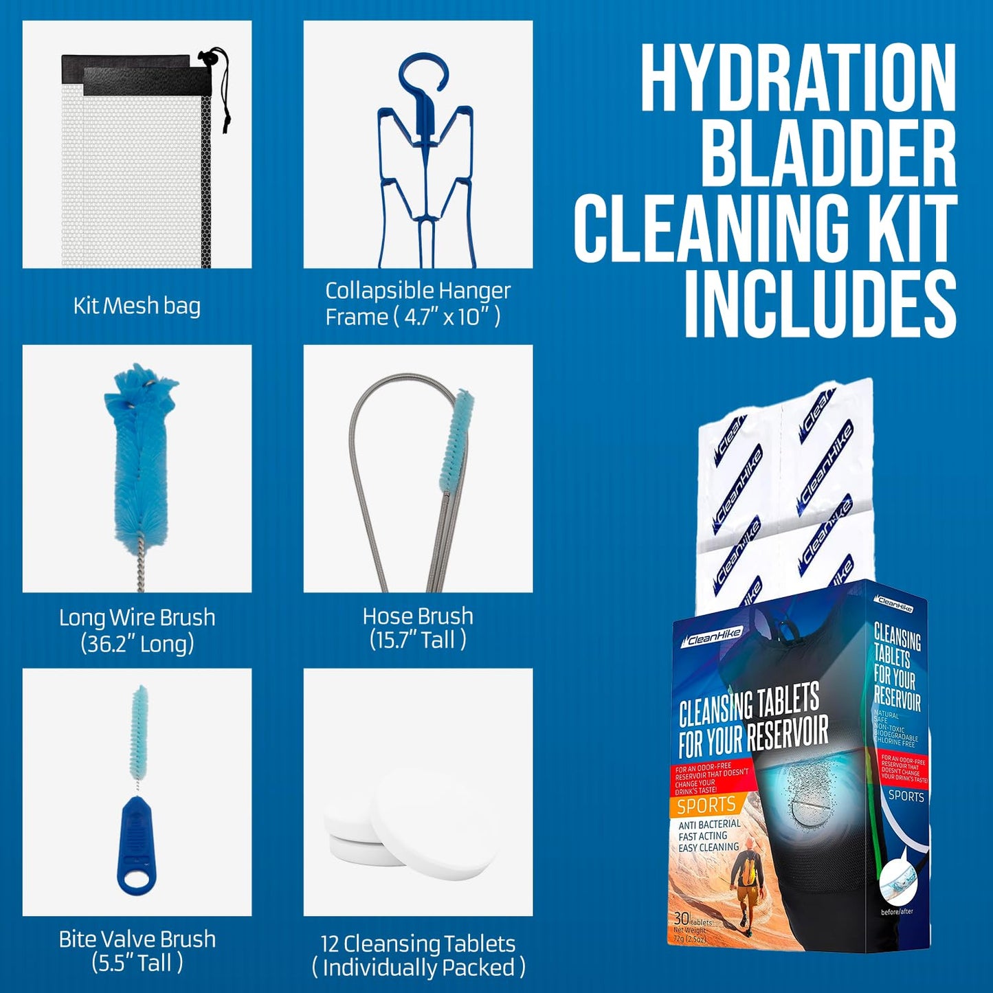 (2) Two Set Reservoir Hydration Bladder Cleaning Kit - 6-In-1 Water Reservoir Cleaning Kit Of 3 Brushes, Collapsible Frame, (24) Cleansing Tablets & Carry Pouch - Cleaner Set For Back Pack Bladder