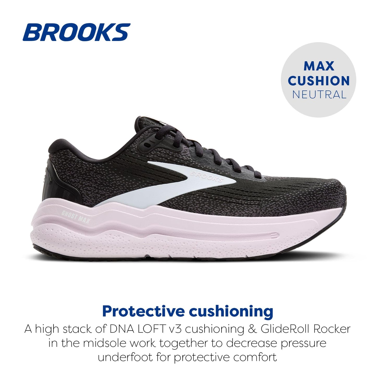 Brooks Women’s Ghost Max 2 Neutral Running & Walking Shoe - Black/White/Orchid Ice - 10 Medium