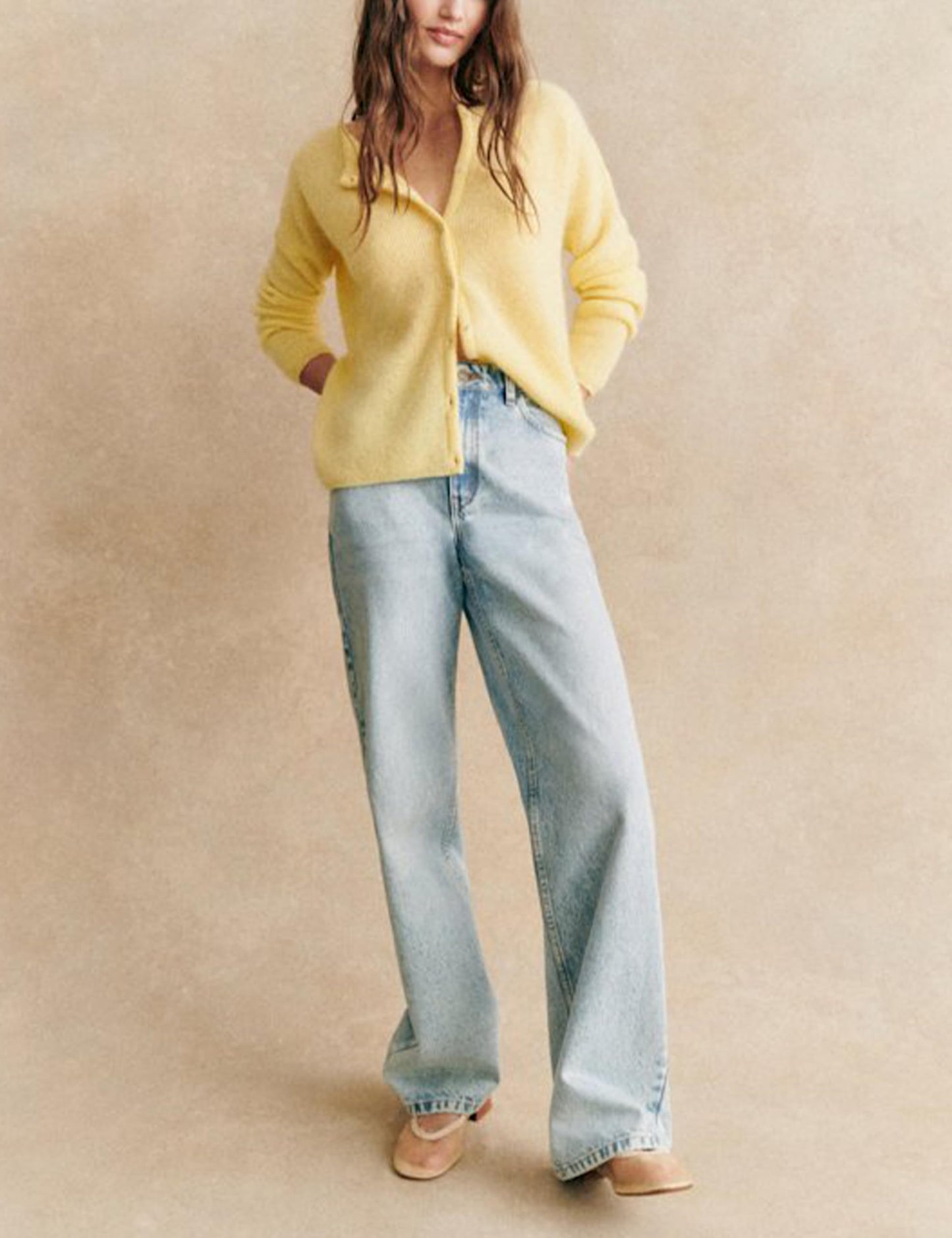 Lviefent Women Knit Cardigans Lightweight Casual Crew Neck Button Down Long Sleeve Sweater Jumper Layer Top (Yellow-L)
