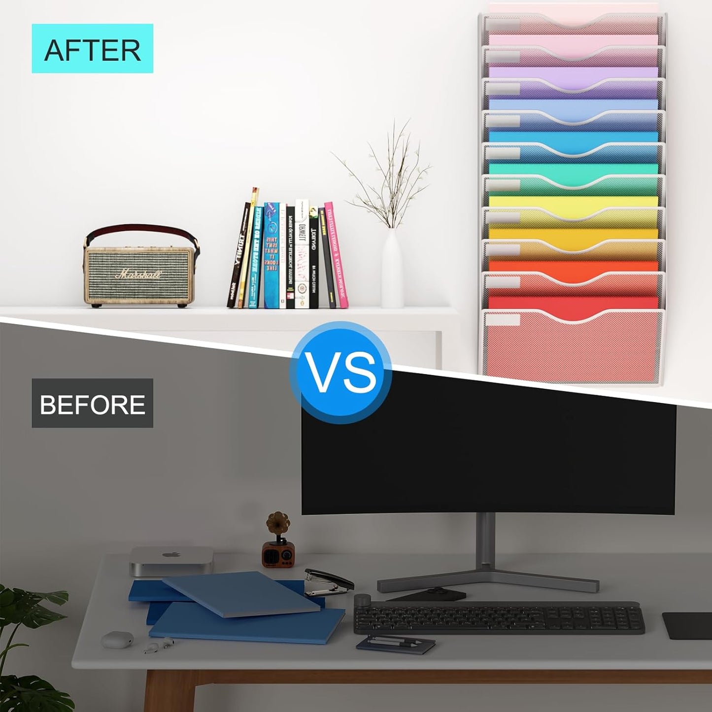 5 Pockets Mesh Hanging Wall File Holder Organizer Wall Mounted Paper Magazine Rack, Black