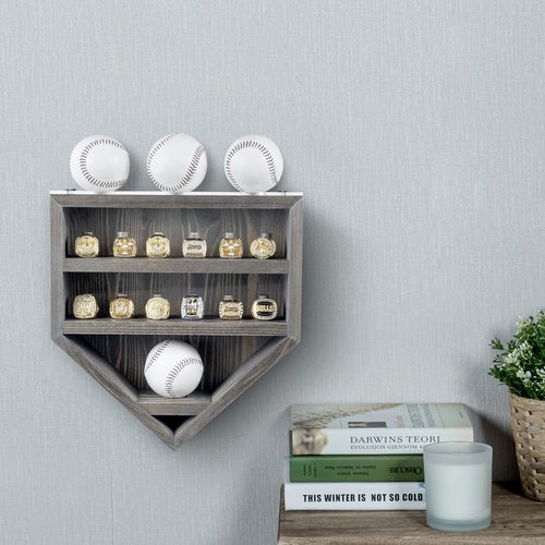 MyGift 12 Peg Wall Mounted Vintage Gray Solid Wood Baseball Diamond Championship Ring and Game Ball Display Case with Premium Clear Acrylic Stands for Baseballs