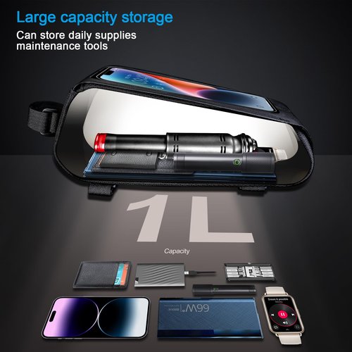 TAKEZERO Bike Frame Bag Waterproof Phone Holder Pouch Storage Bag for Bicycle (Black, 1.8L, Compatible with Phones 4-7 inches)