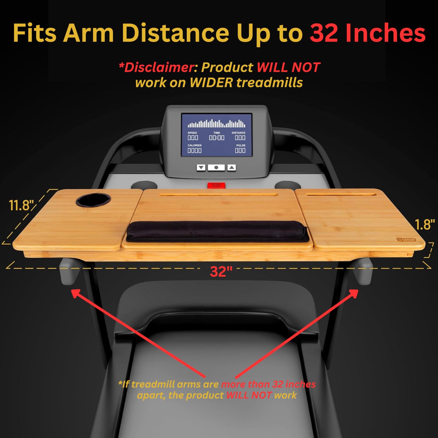 3J Group Treadmill Desk Attachment - Desk for Treadmill with Comfortable Wrist Rest Stable Straps Cup Holder Anti-Slip Pads Walking Desk Treadmill and Phone Slot, Fits Up to 32 Inch