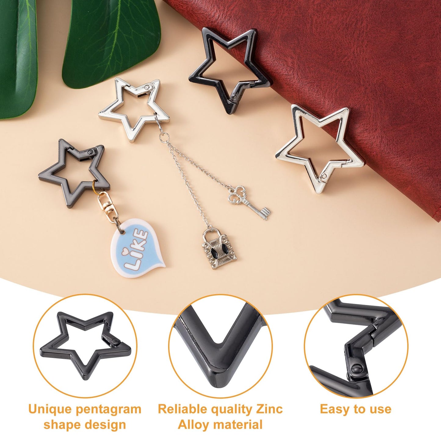 Isslly 4 PCS Star Carabiner, Zinc Alloy Heavy Duty Star Shaped Keychain Clip with 2 Sizes and 2 Colors, Carabiner Clip for Camping, Hiking, Fishing - Silver, Black