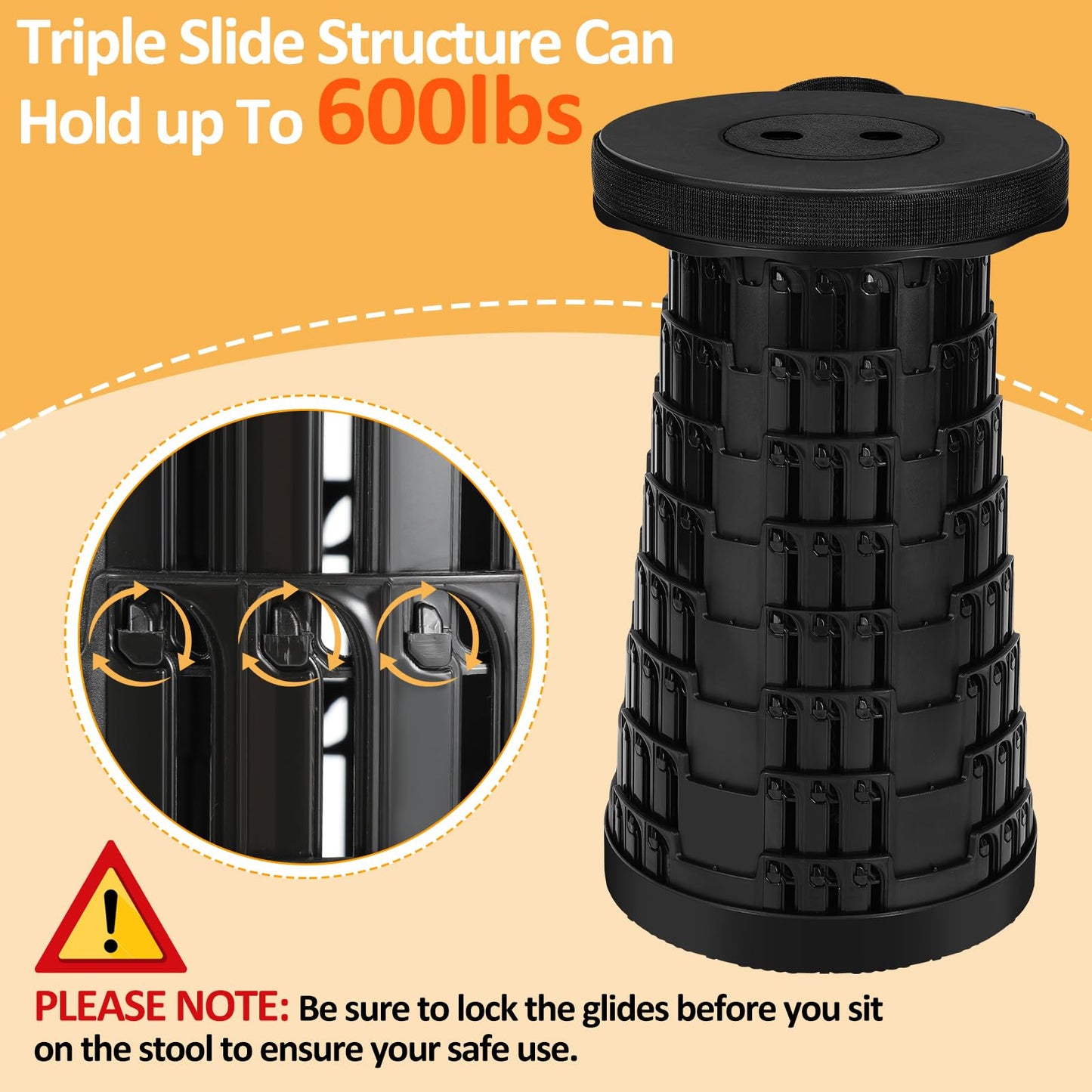 Fuairmee Collapsible Stool - Upgraded with 3 Slides Load Capacity 600lbs, Folding Camping Stool with 3-in-1 Carry Bag, Lightweight Sturdy Retractable Suitable for Camping Fishing Hiking BBQ (Black)