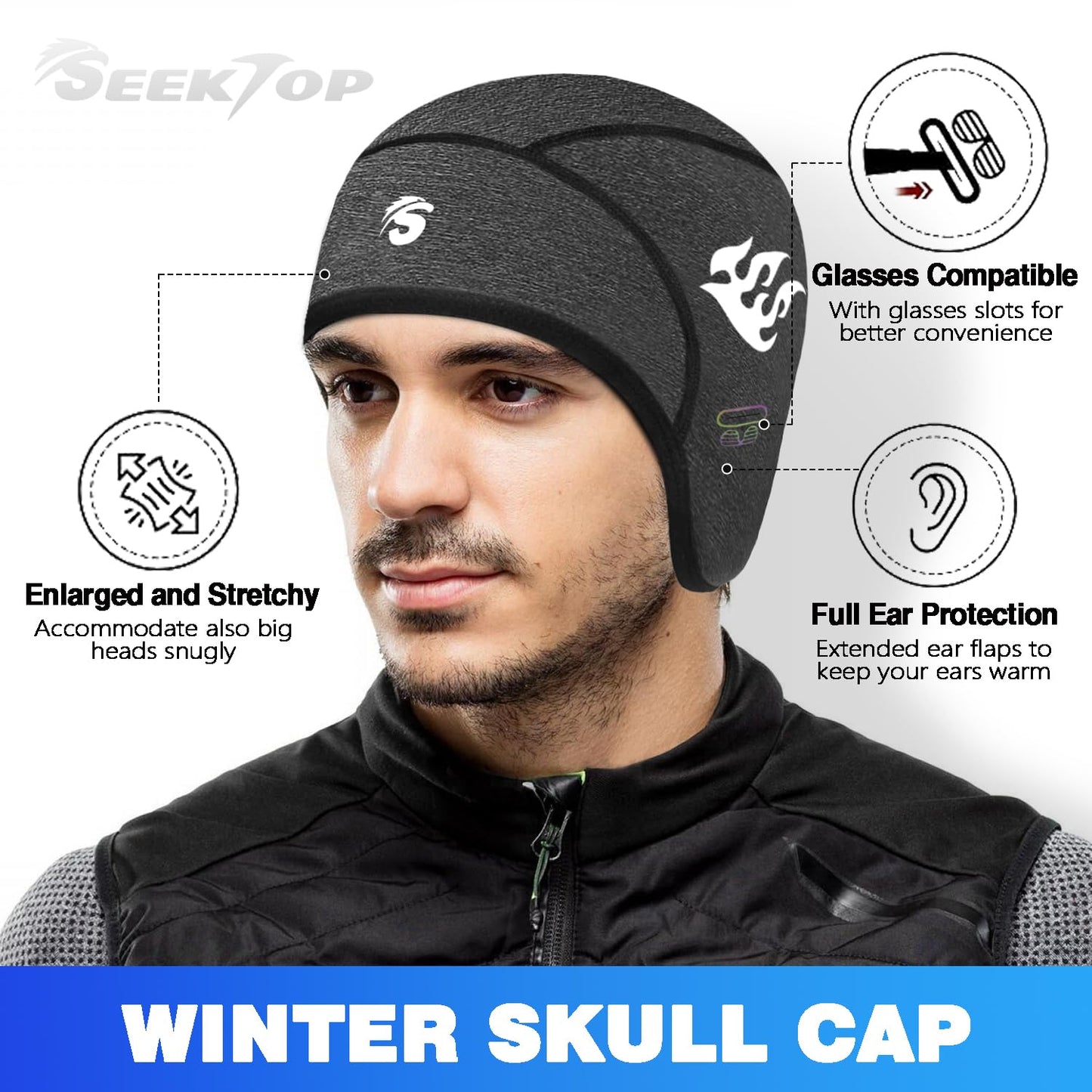 Seektop 2 Pack Winter Skull Cap Helmet Liner for Men, Cycling Running Sweat Wicking Skullcap Beanie, Fits Under Helmets