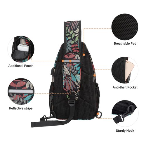 MOSISO Sling Backpack Bag, Crossbody Shoulder Bag Travel Hiking Daypack Chest Bag with Front Square Pocket&USB Charging Port, Creative Plant Leaves