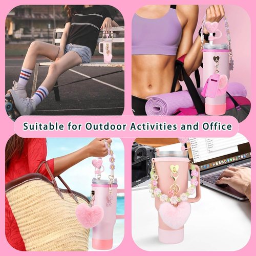HAOYINEER Cup Accessories Set for Stanley Cup 40oz 30oz Tumbler, Including Water Bottle Handle Strap, Silicone Spill Proof Stopper, Silicone Cup Boot, 2 Pcs Charms, Pink