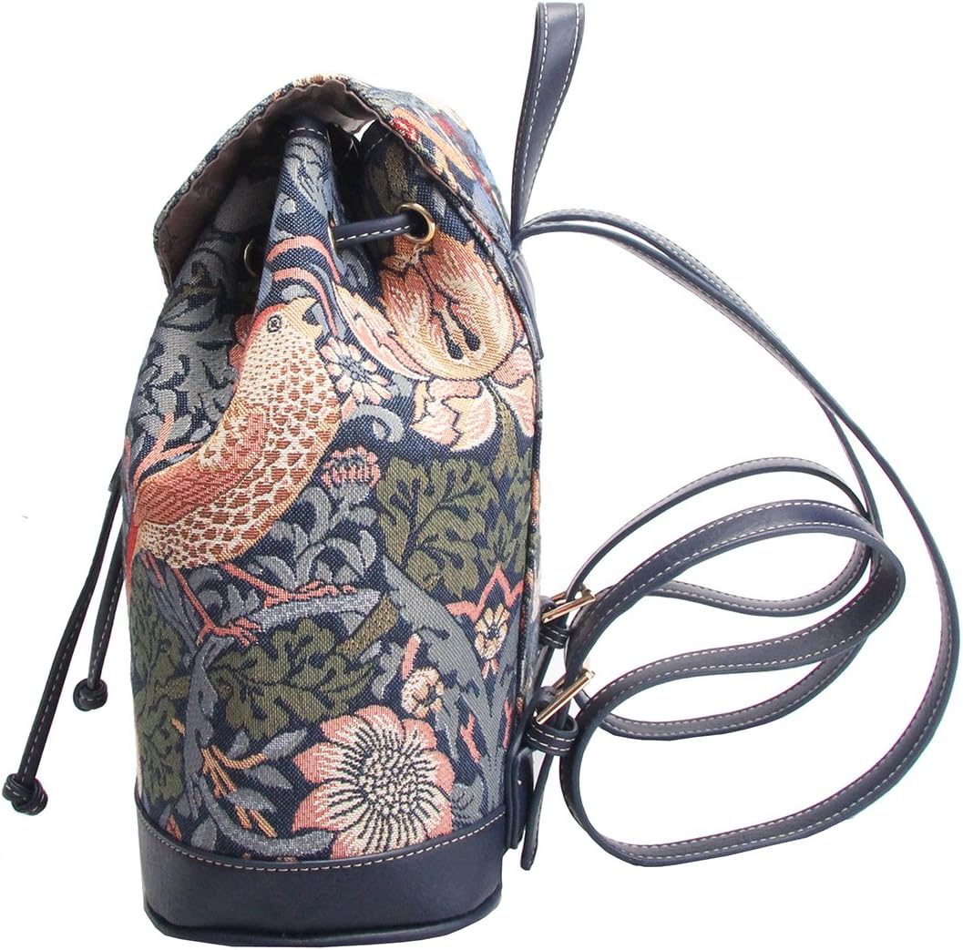 William Morris Strawberry Thief Tapestry Flap Buckle Pull String Backpack by Signare