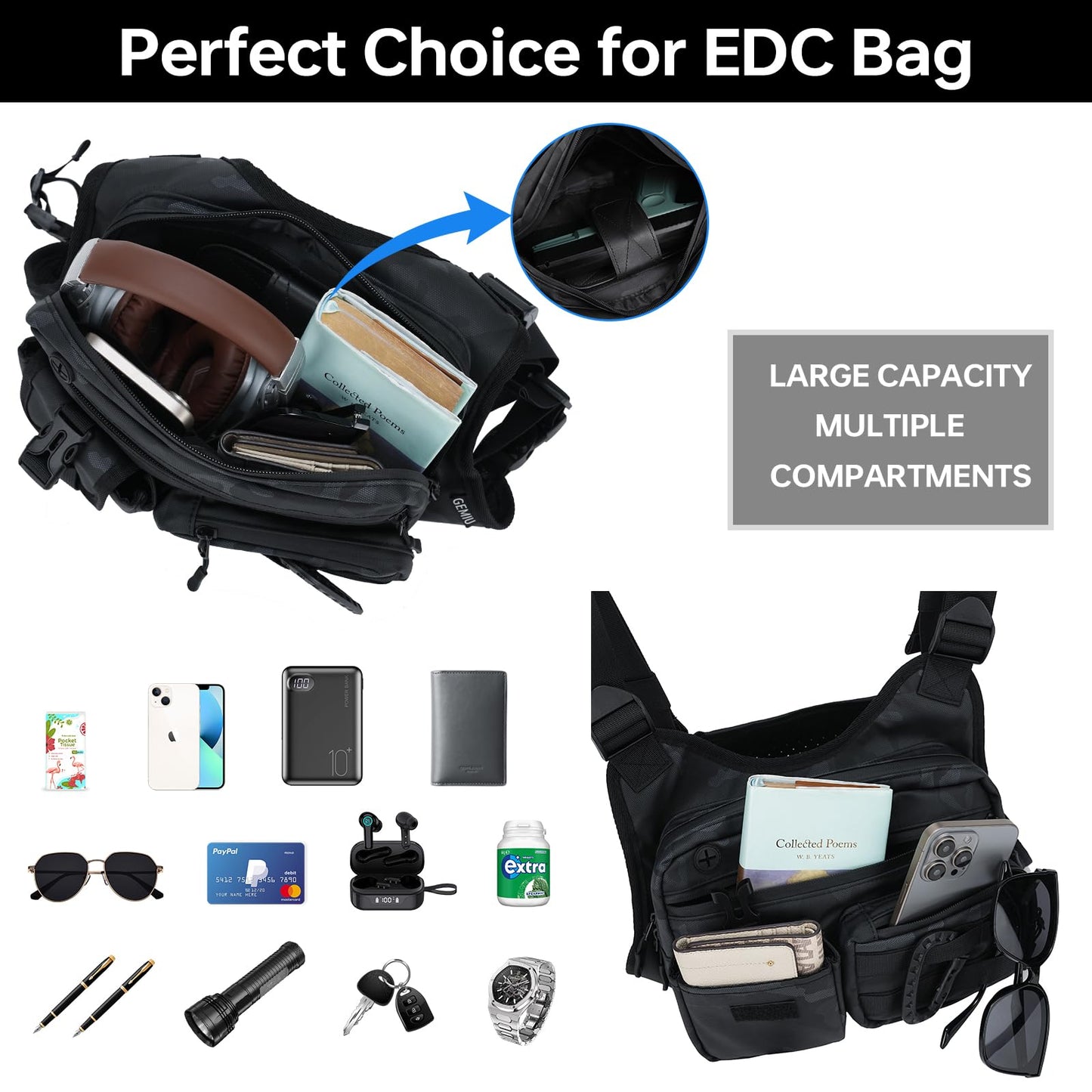 GEMIU Outdoor Sports Chest Bag for Men, Tactical Inspired Sports Utility Chest Pack Large Capacity Lightweight Front Running Vest for Men With Built-In Phone Holder EDC Bag for Hiking,Cycling