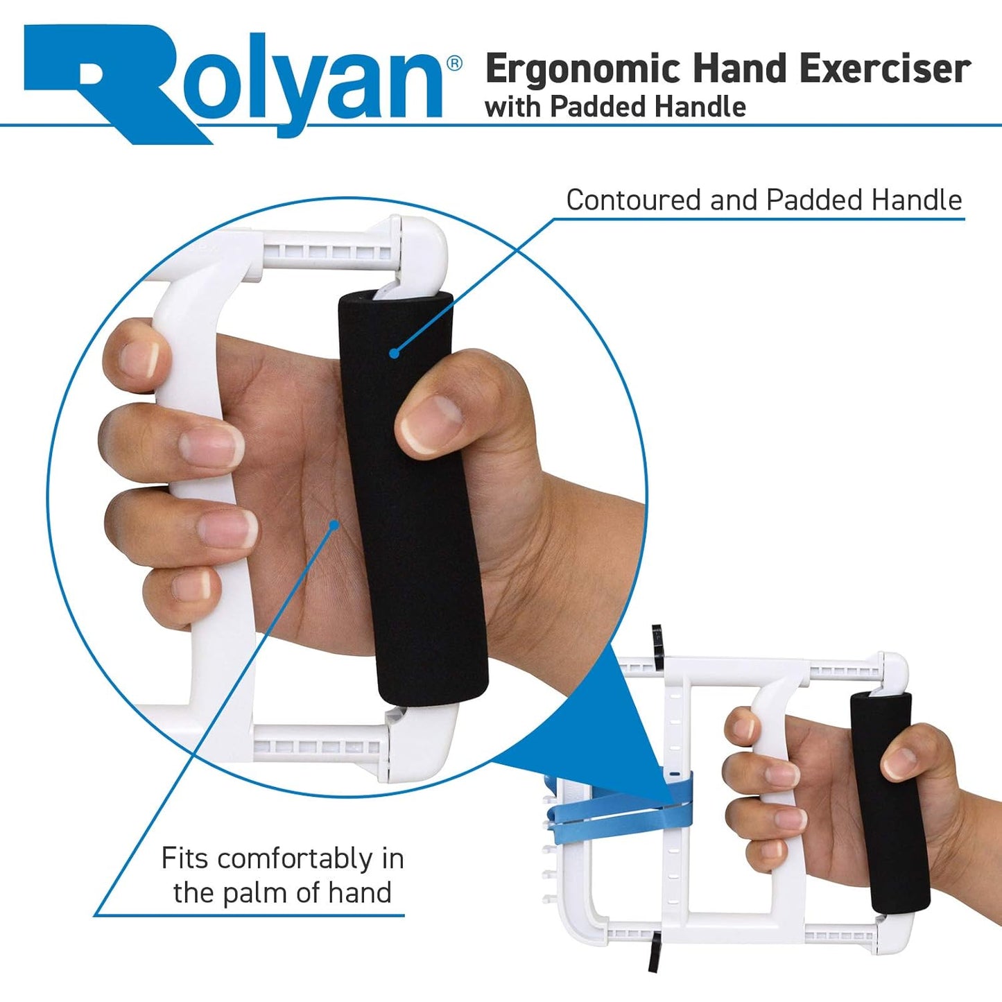 Rolyan Ergonomic Hand Exerciser with Padded Handle, Adjustable Squeeze Tool, 4 Pairs of Rubber Bands for Progressive Resistance, Improves Hand Grip Strength in Fingers, Hand, & Thumb, Blue