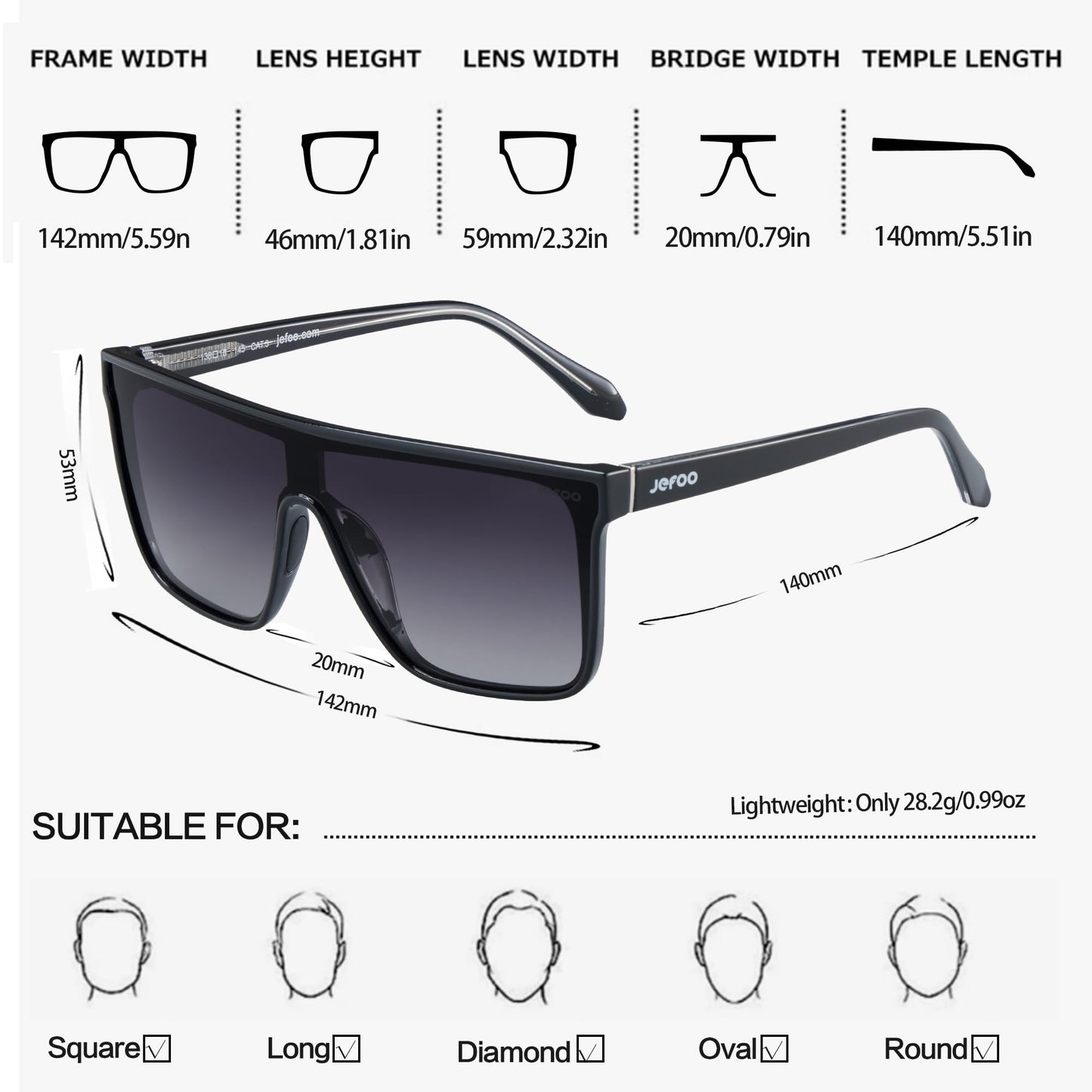 Jefoo Polarized Square Sunglasses for Women Men Oversized Fashion Siamese Lens Style Flat Top Shield Shades UV Protection