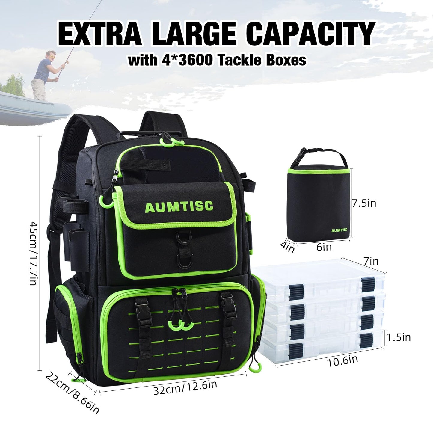 AUMTISC Fishing Tackle Bag Backpack with 2 Rod Holders, 4 Tackle Boxes, Rain Cover & Small Insulated Bag, Large Fishing Backpack for Fish Gear & Equipment