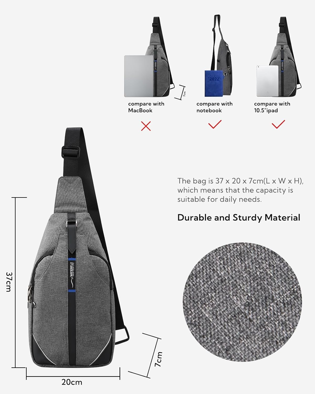 WATERFLY Small Crossbody Sling Backpack Anti Theft Backpack for Traveling Chest Bags for Men&Women Multipurpose Casual Daypack Hiking Shoulder Bag (Black)